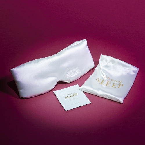 Sensory Retreats, Sensory Sleep Vegan Silk Wraparound Eye Mask in Pearl White with self-heating insert and drawstring bag