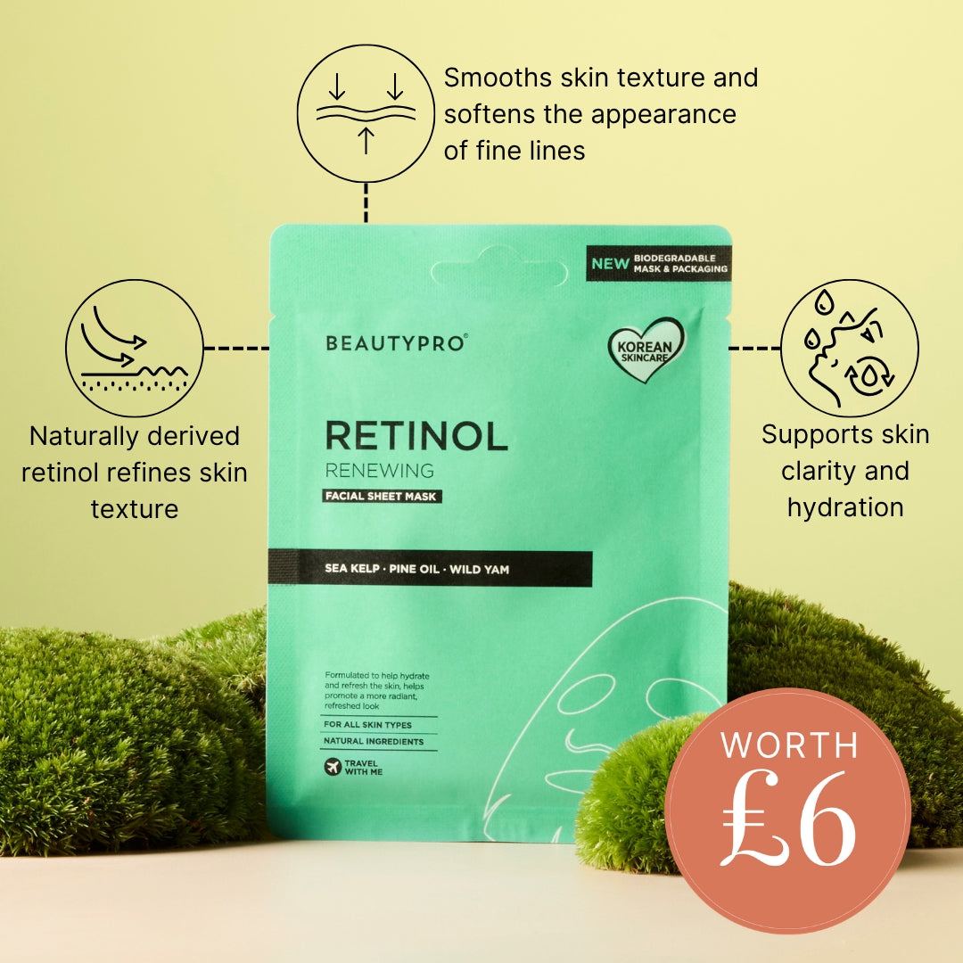 A mint green BEAUTYPRO Retinol Renewing Facial Sheet Mask pouch is displayed on a pale yellow background, flanked by green moss and surrounded by feature callout graphics and a pink 'WORTH £6' badge.