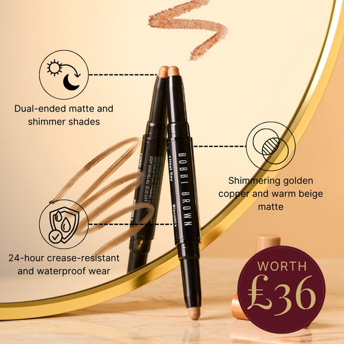 Bobbi Brown Dual-Ended Long-Wear Cream Eyeshadow Stick in the shades Heat Ray and Biscotti