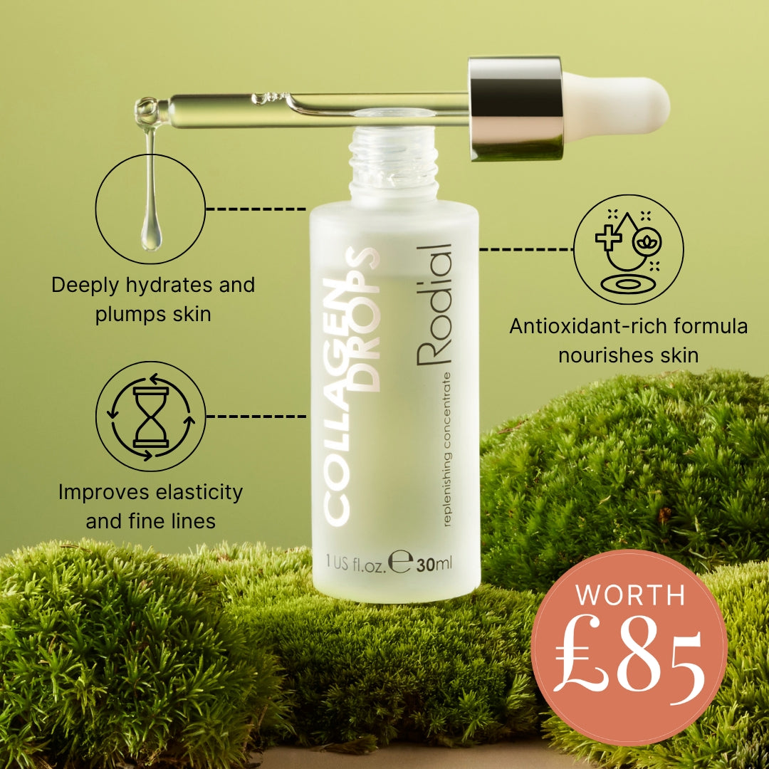 A bottle of Collagen Drops by Radial skincare serum with a dropper, set against a green moss background with feature callouts and a red price badge.