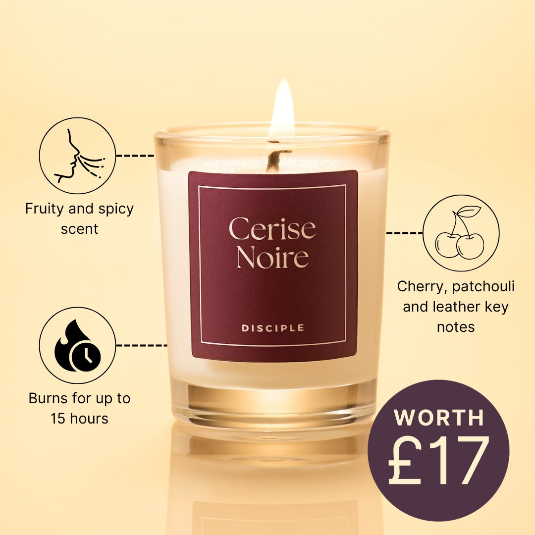 Candle labeled 'Cerise Noire' by Disciple with features and price on a beige background
