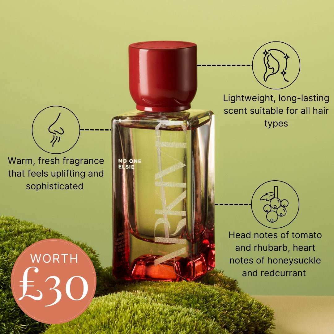 A bottle of Elixir No One ELSIE fragrance with a deep red cap and clear glass showing a yellow-green liquid, set on moss with text callouts and a pink 'WORTH £30' badge against a light green background.