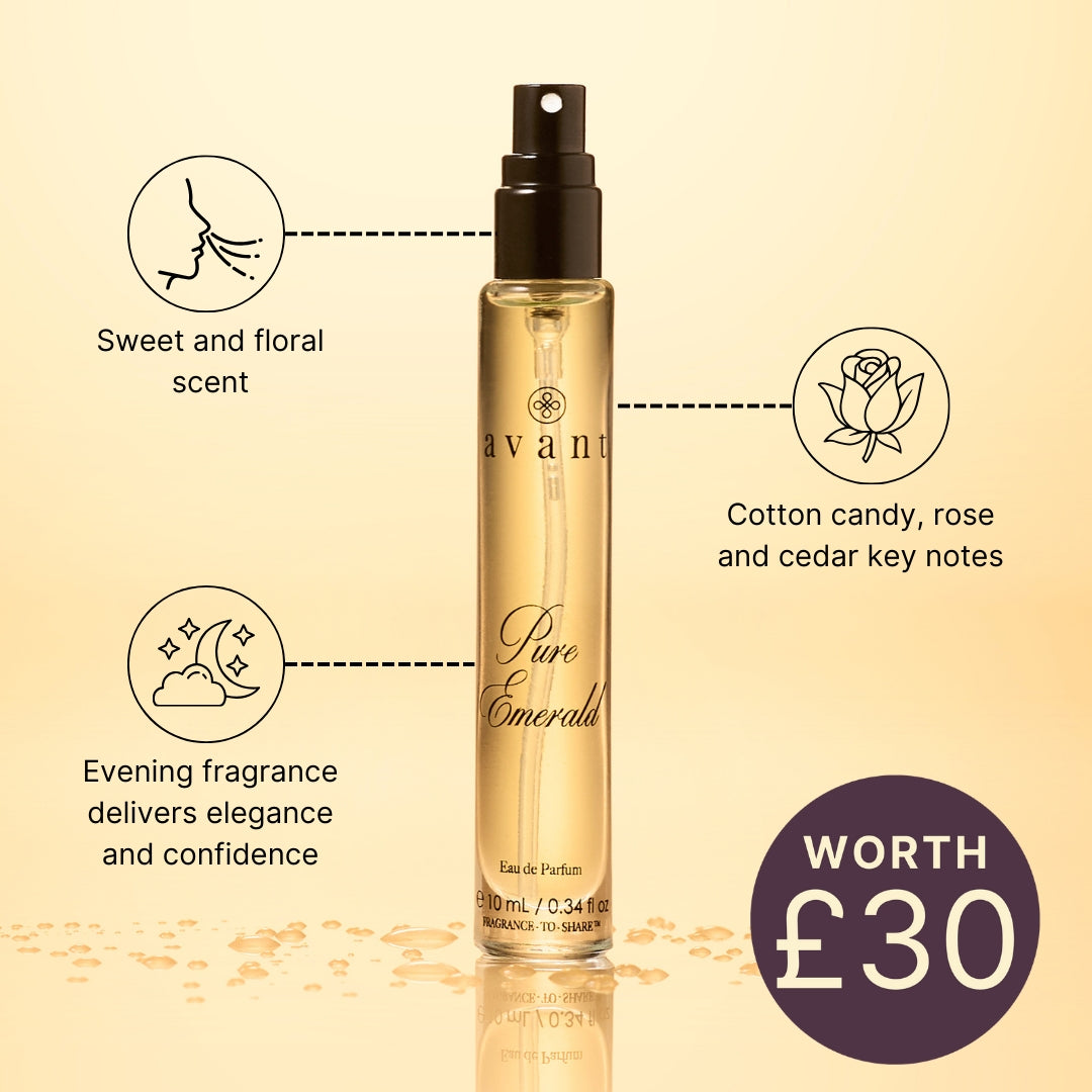 Avani Pure Emerald perfume bottle with product details on a beige background