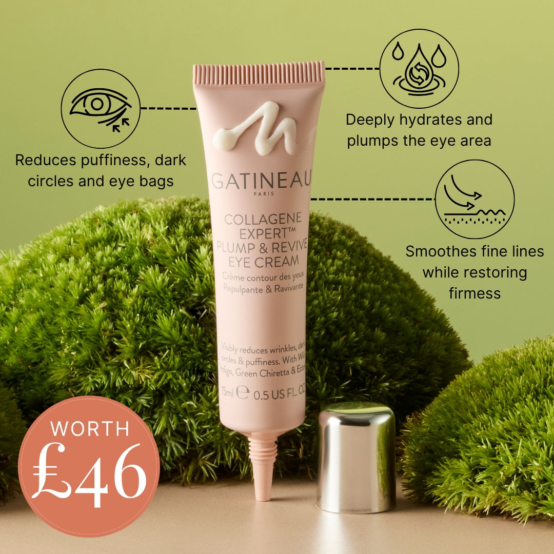 Gatineau Paris Collagene Expert Plump & Revive Eye Cream in a pale pink squeeze tube, displayed with its silver cap beside it on a beige surface, surrounded by green moss and informational text overlays on a light green background.