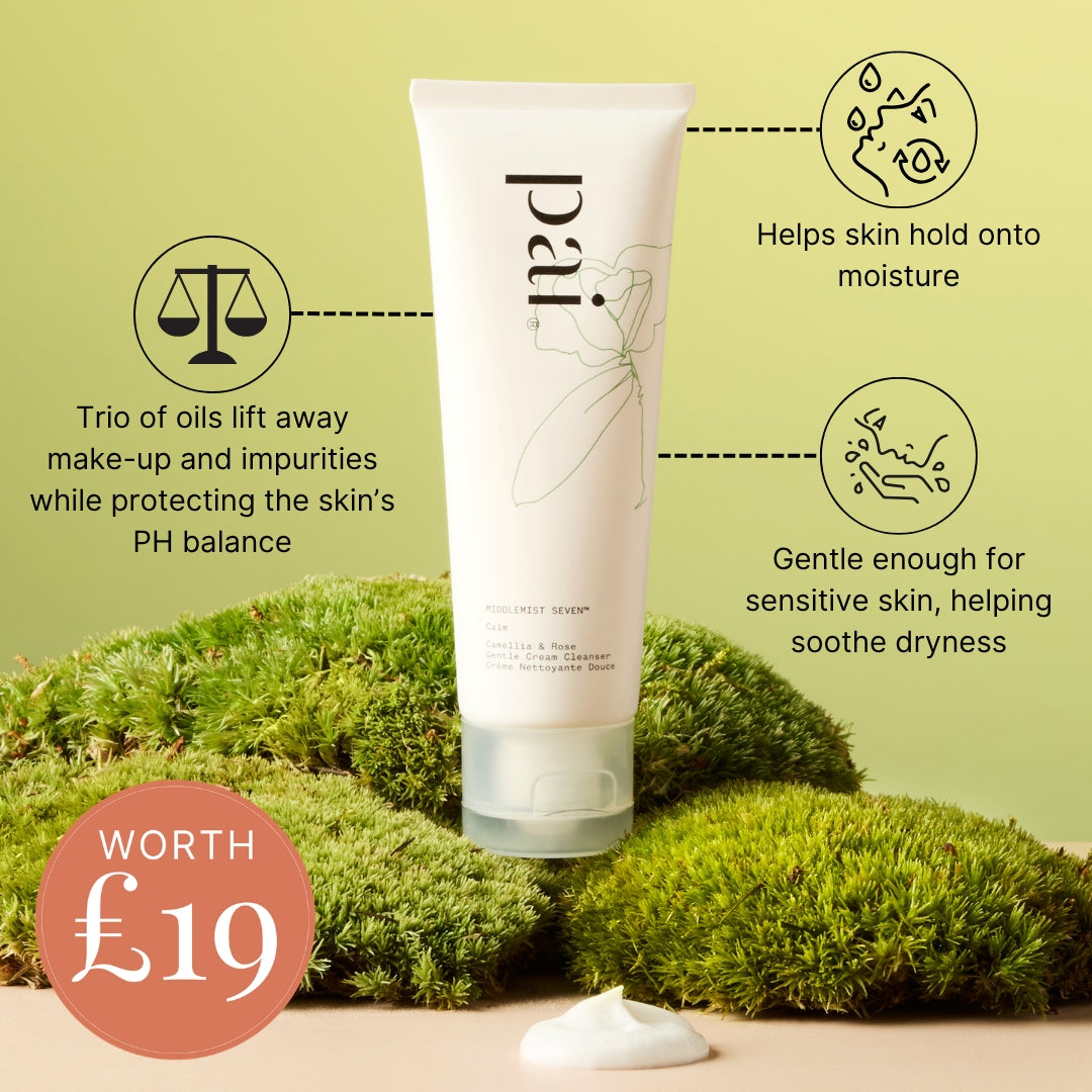 A white tube of Pai Hyalu-Cel Cream centered on a light olive background with decorative moss, a dollop of cream at the bottom, and text callouts about skincare benefits plus a red price badge reading “WORTH £19”.