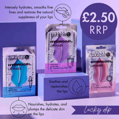 Bubble T Cosmetics Hydrogel Lip Patches in a lucky dip of either Aloe Vera & Green Tea, Vitamin E & Green Tea, or Hyaluronic Acid & Green Tea